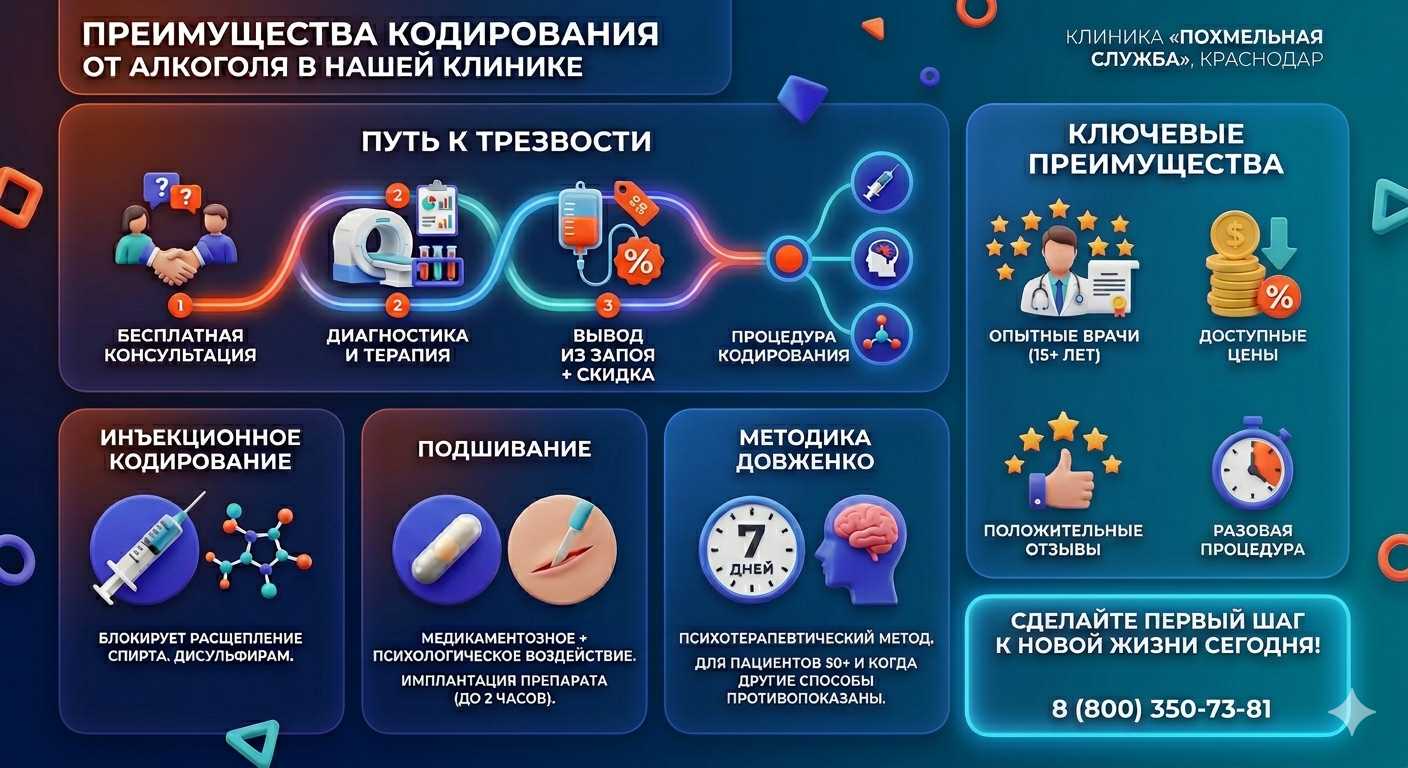 Инфографика о методах кодирования от алкоголя в Кармаскалах: инъекции, подшивание, метод Довженко. Преимущества клиники и этапы лечения.