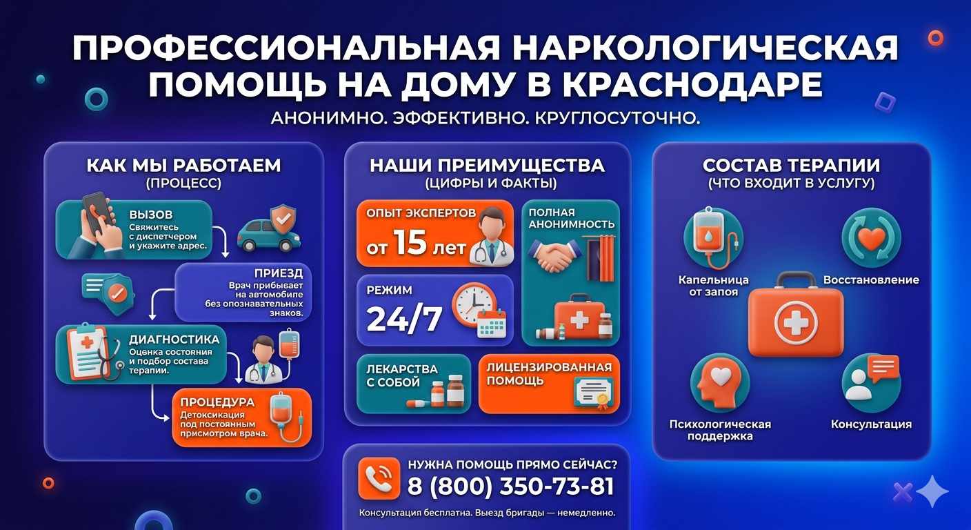 Инфографика о принципах лечения алкоголизма на дому в Кармаскалах: этапы вызова нарколога, преимущества анонимной детоксикации и состав медицинской помощи.